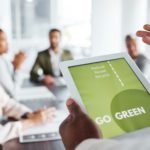 Go green, business meeting and people on tablet screen for sustainable project, eco friendly invest