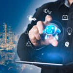 Man's hand using technology with digital society network symbols on screen. Smart City Concept